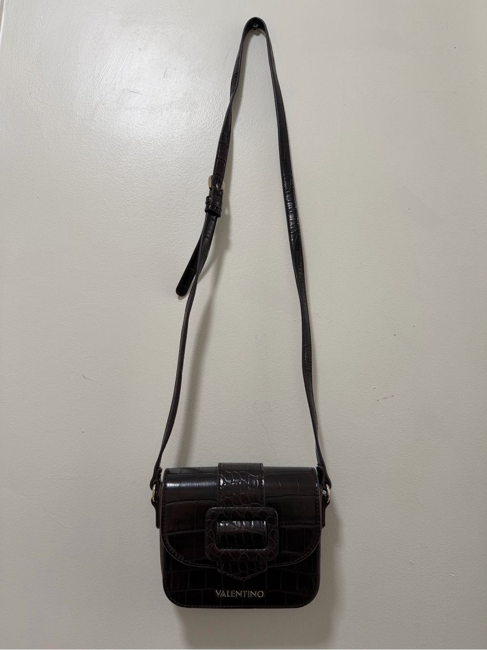 Valentino Dark Brown Croc-Embossed Leather Crossbody Bag